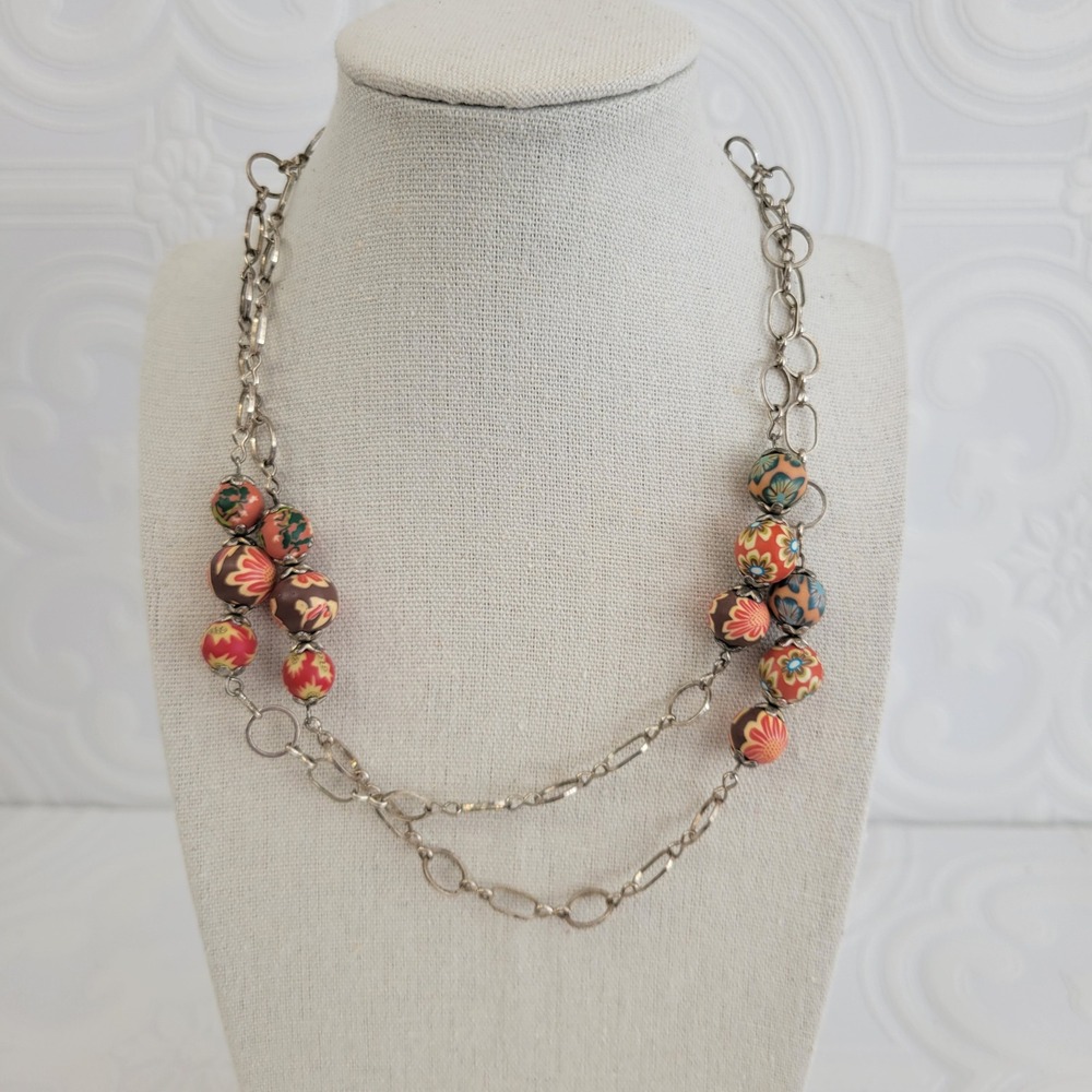 Boho Silver Tone Long Chain Necklace Millefiori Floral‎ Clay Beads 34 Inch